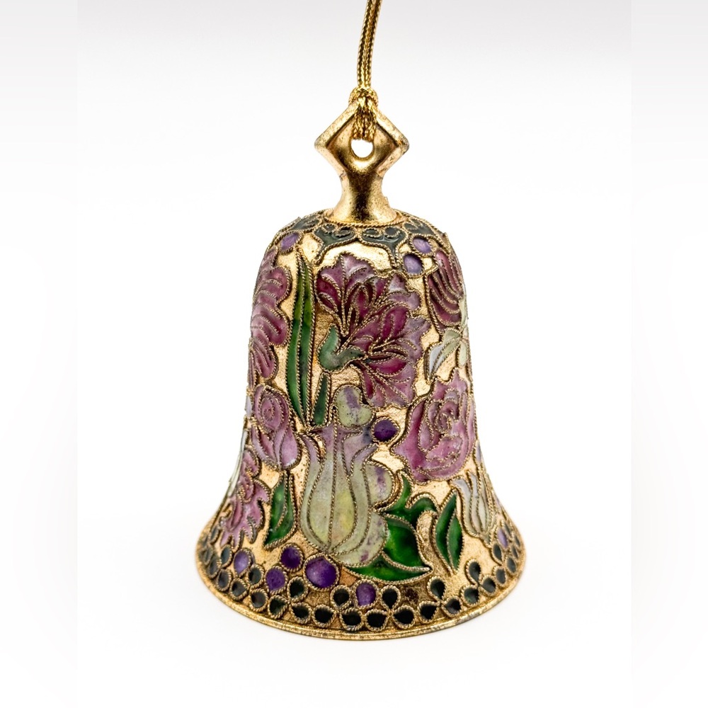 Vintage Floral Cloisonné Enamel Bell Ornament Gold-Tone